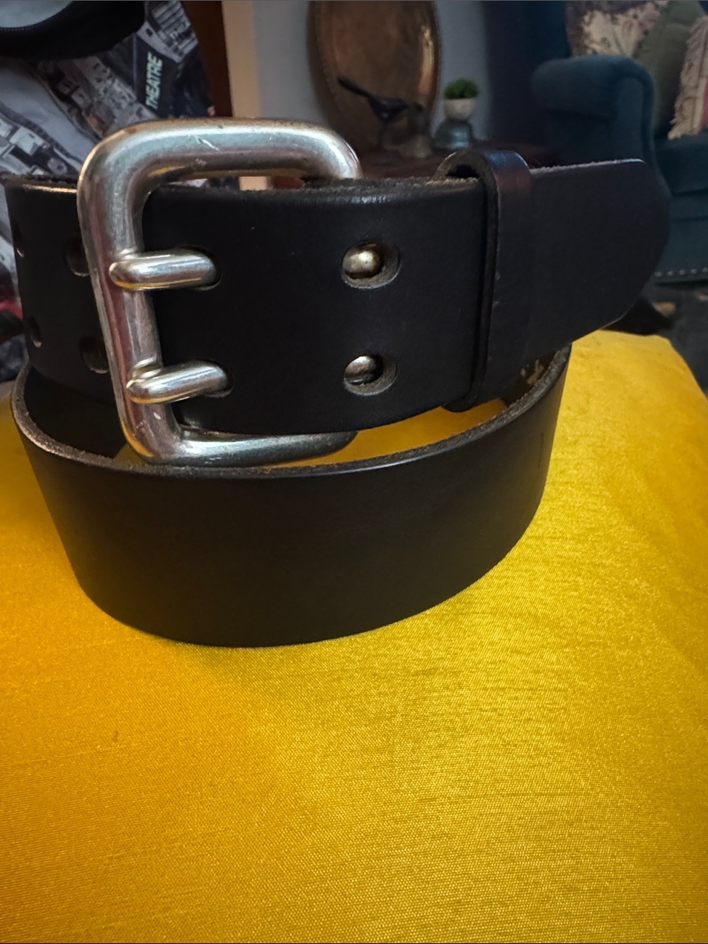Express Black Leather Belt with Silver Double-Prong Buckle